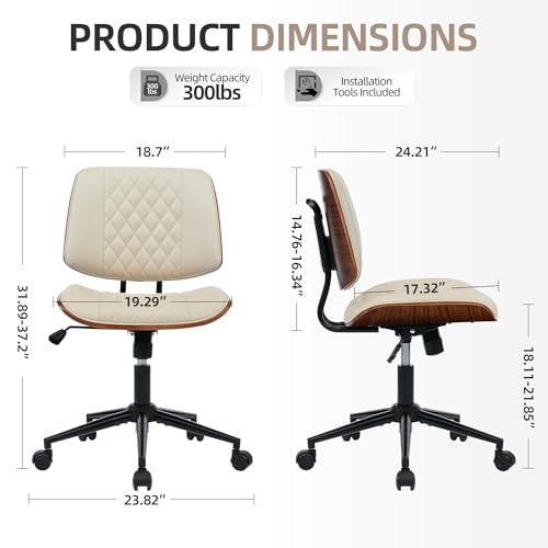 Home Office Desk Chair with Swivel Wheels, Ergonomic Adjustable Height Small Office Chair, Premium PU Leather Armless Computer Chair for Home Office, Reading Meeting Room, Modern Walnut Style (Beige) - color: Mcm Style-beige