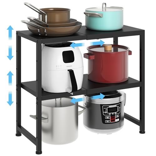 2-Tier Expandable Metal Storage Shelves,150LBS Heavy Duty Shelving Units and Storage For Small Appliance,Adjustable Pots and Pans Organizer Rack Shelf For Kitchen Under Cabinet Pantry Warehouse Garage - color: Black