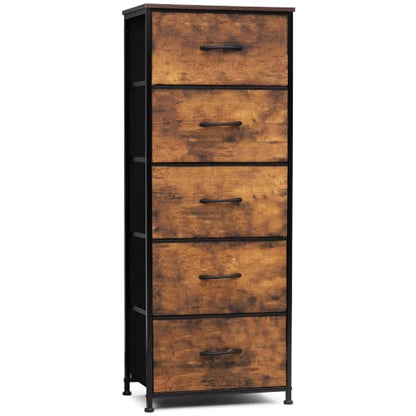 Tall Dresser Vertical Fabric Storage Tower, 5 Drawers (Rustic Brown) | Sturdy Steel Frame, Wood Top and Easy Pull Handle, Space-saving Organizer for Clothes, Bedroom, Hallway, Entryway, Closets - color: Rustic Brown, style: Narrow