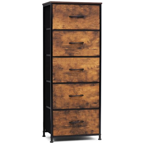 Tall Dresser Vertical Fabric Storage Tower, 5 Drawers (Rustic Brown) | Sturdy Steel Frame, Wood Top and Easy Pull Handle, Space-saving Organizer for Clothes, Bedroom, Hallway, Entryway, Closets - color: Rustic Brown, style: Narrow