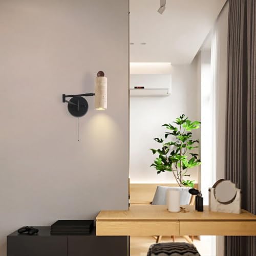 Modern Travertine Stone Wall Sconce, Adjustable Swing Arm Wall Lamp, Black Metal Base Pull Chain Switch Bedside Reading Spotlight for Bedroom Study Room Bedside - color: Walnut