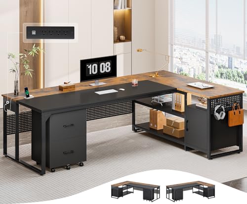 71" Executive Desk, Reversible L Shaped Desk with Mobile File Cabinet & Power Outlets, Large Office Desk with Drawers, Storage Shelves, Hooks, Corner Computer Desk for Home Office - color: Brown
