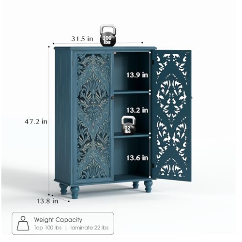 Jiansu furni Buffet Sideboard Cabinet with Hand-Carved Doors, 47" Tall Accent Cabinet for Dining Room, Vintage Wood Storage Cabinet with Shelves, Slim Floor Cupboard for Kitchen & Entryway,Blue - color: Blue_2 Doors Tall
