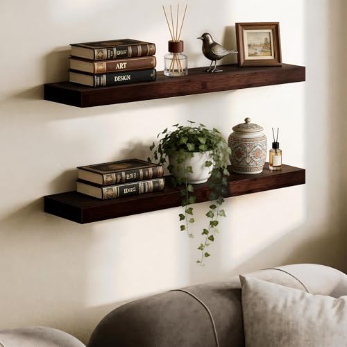 BAMEOS Solid Bamboo Floating Shelves, Set of 2 with Invisible Brackets, Natural Wood Grain Decor for Living Room, Bedroom, Kitchen, Bathroom & Office Storage - color: Walnut