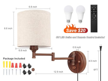 GOODATE Plug in Wall Sconces with Remote Control, Dimming & Adjustable Colors 2700K-6500K, Hardwire or Plug-in, Swing Arm Wall Lamp, Wall Sconces Set of Two, Linen Fabric Shade, Walnut Finish - color: Walnut & Linen