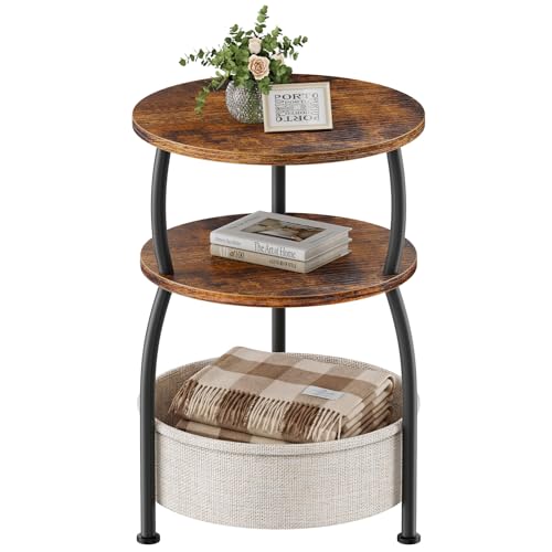Round Side Table with Storage Basket for Living Room Rustic Brown | Small Table for Small Space 3-Tier Side Table for Bedroom, Garden, Sofa Couch Table Bedside Nightstand, 15.75in - color: Rustic Brown, size: 15.75" Dia