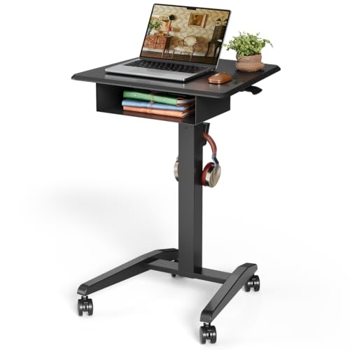JOY worker Rolling Laptop Desk with Drawer, 23.6" Small Black Mobile Desk | Pneumatic Height Adjustable, Open Storage Shelf, 4 Lockable Wheels, Portable Sit Stand Desk, Home Office School, Holds 22lbs - color: Black, size: 23.6 Inch