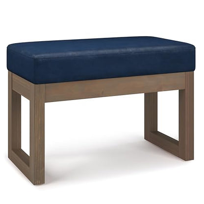 SIMPLIHOME Milltown 27" Wide Vegan Leather Rectangle Ottoman in Dark Blue | Distressed dark blue, contemporary ottoman, footstool or footrest with a cushioned seat for extra seating in the bedroom. - color: Distressed Dark Blue, style: Small Ottoman Bench