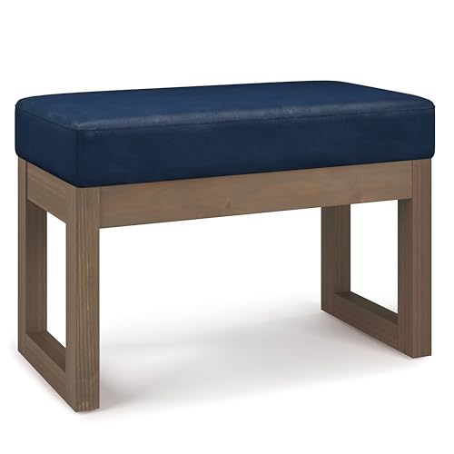 SIMPLIHOME Milltown 27" Wide Vegan Leather Rectangle Ottoman in Dark Blue | Distressed dark blue, contemporary ottoman, footstool or footrest with a cushioned seat for extra seating in the bedroom. - color: Distressed Dark Blue, style: Small Ottoman Bench