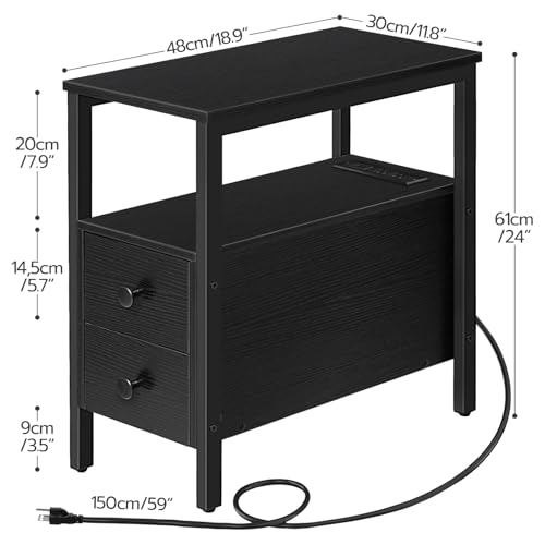 HOOBRO End Table with Charging Station, Narrow Side Table with 2 Drawer & USB Port & Power Outlets, Nightstand for Small Spaces, Stable and Sturdy, for Living Room, Bedroom, Black BK541BZ01 - color: Black
