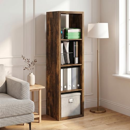 4-Cube Tall Bookshelf, Cubicle Shelf Bookcase with Open Back, Position Reversible Book Shelf, 15 x 16 x 58, for Home Office, Living Room, Amber Pine - color: Amber Pine, size: 4 Tier