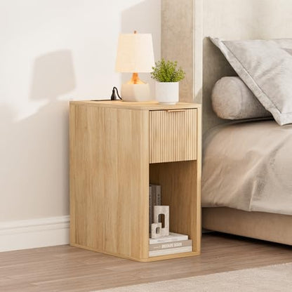 Homleke Narrow End Table with Fluted Drawer & Charging Station | Compact Nightstand with USB Ports & Outlets, Bedside Table for Bedroom, Living Room, Modern Accent Table, Natural - color: Natural