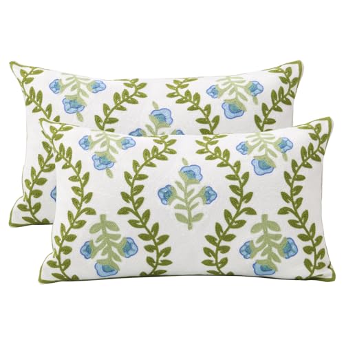 Set of 2 Embroidered Decorative Throw Pillow Covers Couch Square Pillowcases Cushion for Bedroom Sofa Farmhouse Decor 12x20 Inch (Blue Floral-Lumbar) - color: Blue Floral-lumbar