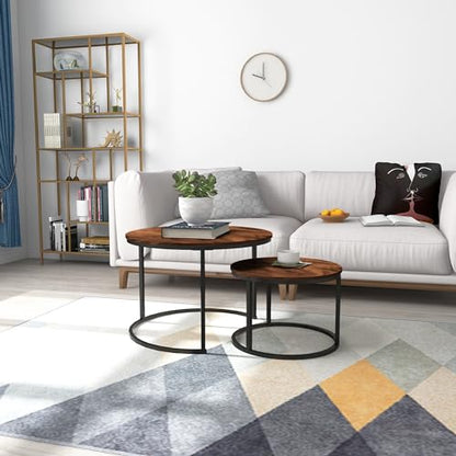 HOMERECOMMEND Round Coffee Table Set of 2 for Living Room,Rustic Brown | Modern Nesting Side End Table,Round Wooden Table with Solid Powder-Coated Metal Frame,round nesting coffee table set of 2 - color: Brown