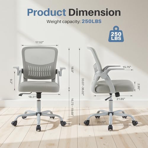 DUMOS Office Chair, Ergonomic Home Desk Chair, Ergonomic Lumbar Support | Height Adjustable, Flip-up Armrest, Rocking Mode, 360 Swivel, Conference Room, Grey - color: Grey Flip Arm
