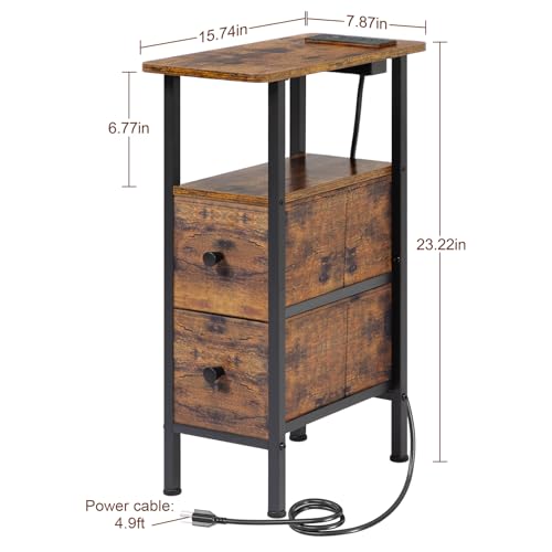Narrow End Table with Charging Station, Small Nightstand | Skinny Side Tables Living Room with 2 Fabric Drawers, Slim Bedside Table with LED Lights for Bedroom, Small Spaces, Brown - color: Rustic Brown, size: 23.22''H (2 Drawers), style: Power + Light