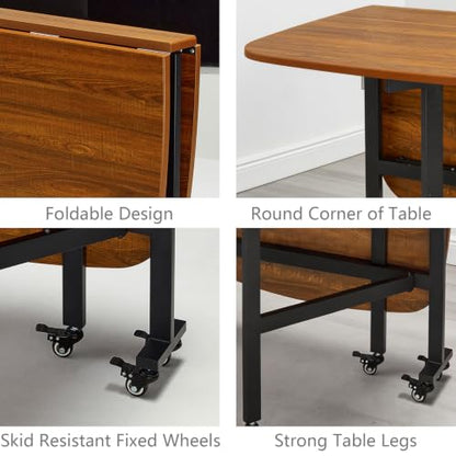 Multifunction Table Drop Leaf Dining Table - 47" Wooden Foldable Kitchen Table with 6 Wheels (Brown) - color: Brown