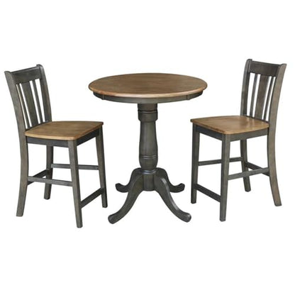 IC INTERNATIONAL CONCEPTS 30" Round Pedestal Gathering Height Table with 2 San Remo Counter Height Stools, Hickory/Washed Coal - color: Hickory/Washed Coal