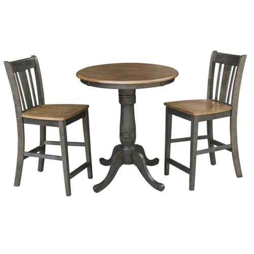 IC INTERNATIONAL CONCEPTS 30" Round Pedestal Gathering Height Table with 2 San Remo Counter Height Stools, Hickory/Washed Coal - color: Hickory/Washed Coal
