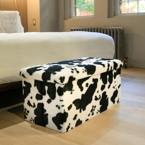 Luxe Faux Fur Storage Ottoman, Cowhide Black/White, 30 x 15 x 15 in | Engineered Wood, Tool-Free Assembly, Modern Style, Seat And Footrest - color: Cowhide Black/White, size: 30"D x 15"W x 15"H