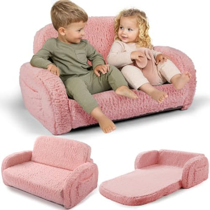 little dove 2-in-1 Sherpa Fold Out Kids Couch, Extra Wide Comfy Kid Chair, Convertible Kids Sofa, Foldable Kid Couch with High Density Foam for Boys & Girls, Pink - color: Pink