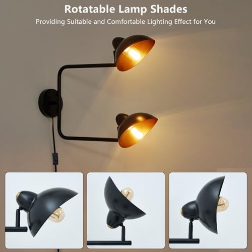 Adjustable Black Swing Arm Wall Sconce, 2-Light Plug in Wall Lamps with ON/Off, Rotatable Metal Dome Shades Wall Mount Lighting Fixture for Living Room Bedroom Study - color: Black-B 2-Lights