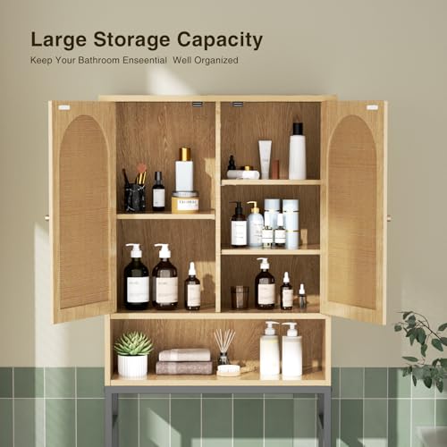 Rattan Toilet Storage Cabinet, Over the Rack Wood Cabinet with Metal Stand, Bathroom Organizer with Adjustable Shelf, Tall Freestanding Washer Shelf, Small Cupboard, Space Saver, Natural style - color: Rattan Door-natural