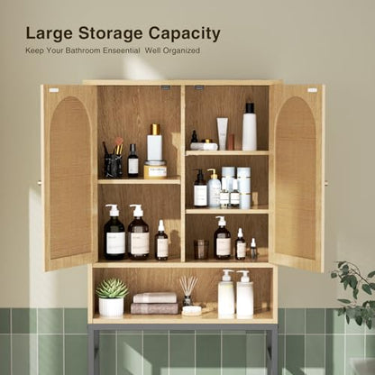 Rattan Toilet Storage Cabinet, Over the Rack Wood Cabinet with Metal Stand, Bathroom Organizer with Adjustable Shelf, Tall Freestanding Washer Shelf, Small Cupboard, Space Saver, Natural style - color: Rattan Door-natural