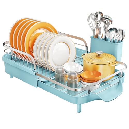 SNTD Expandable Dish Drying Rack for Kitchen Counter, 15.2-22.1 in, Blue | Rust-Resistant Stainless Steel, Protective Side Rails, Self-Draining Drainboard, Removable Utensil Holder - color: Blue