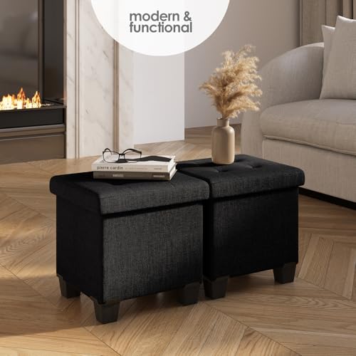 Storage Ottoman Cube with Small Bin, 15-in Square Ottoman with Storage for Living Room and Bedroom, Small Ottomans Foot Rest, Fabric Foot Stools Ottomans Max 330lbs, Black - color: 04 - Black