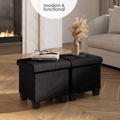 Storage Ottoman Cube with Small Bin, 15-in Square Ottoman with Storage for Living Room and Bedroom, Small Ottomans Foot Rest, Fabric Foot Stools Ottomans Max 330lbs, Black - color: 04 - Black