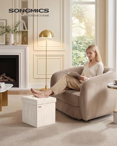 SONGMICS Storage Ottoman, Textured PU Leather Footstool, Foldable Footrest with Cushion, for Living Room and Bedroom, 15 x 15 x 15 Inch, White, Minota Collection ULSF522WD01 - color: White (Wthout Legs)
