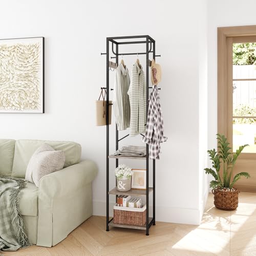 Coat Rack Freestanding, Hall Tree with 3 Shelves and 12 Hooks, Greige | Industrial Metal Frame, Space-Saving Design, Clothes Rack Stand Organizer for Bedroom, Hallway, Entryway, Office, Living Room - color: Greige