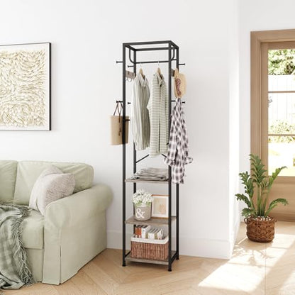 Coat Rack Freestanding, Hall Tree with 3 Shelves and 12 Hooks, Greige | Industrial Metal Frame, Space-Saving Design, Clothes Rack Stand Organizer for Bedroom, Hallway, Entryway, Office, Living Room - color: Greige