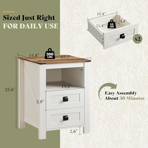 AMERLIFE Farmhouse Wood Nightstand Set of 2, End Table with Drawers, White | Narrow/Small 18" Bedside Table with Open Shelf, Wooden Night Stand for Bedroom/Home Office, Rustic White + Honey Brown - color: Rustic White + Honey Brown