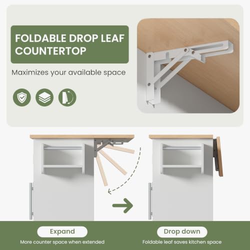 DUMOS 42in Kitchen Island with Storage, Drop Leaf, Spice Rack, Towel Rack | Rolling Cart on Wheels, Adjustable Shelves, Wood, Mobile Utility Serving Table, Living Room, Dining Room, White - color: White