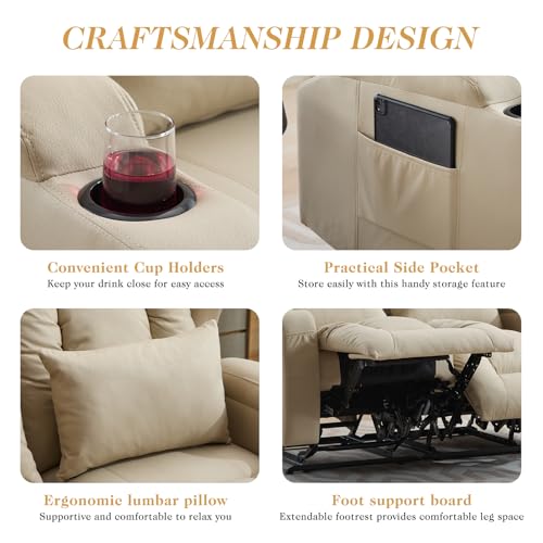 Loveseat Recliner Sofa,RV Wall Hugger Recliners for Small Spaces,Reclining Loveseat Sofa Recliner with Cup Holders/Lumbar Pillows,RV Furniture (Beige, 56" 2-Seater) - color: Beige, size: 56" 2-Seater