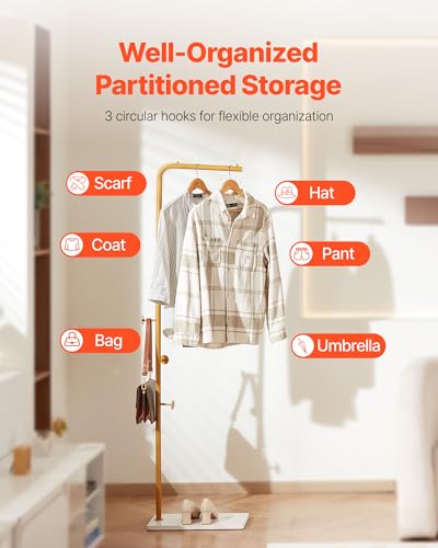 VEVOR Coat Rack, Freestanding Coats Rack Stand with Quartz Stone Base & 3 Round Hooks, Free Standing Hall Coat Tree for Entryway, Bedroom, Living Room, Stylish Clothes Hanger Stand for Coats, Hat, Bag - style: 7-Shaped