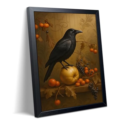 REZFGU Halloween Crow Wall Art Canvas Framed Poster Painting Print Picture, Dark Academia Raven Bird Gothic Still Life, Vintage Black Bird with Fruit Fall Art Decor for Living Room Bedroom 16x24 Inch - color: A-Crow, size: 24"L x 16"W