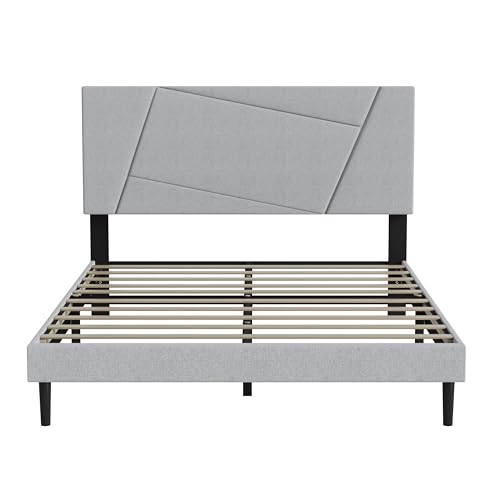 Full Size Upholstered Bed Frame Frame with Headboard，Velvet Gray | Geometric Head Board Platform Bed, Sturdy Wooden Slats, Noiseless No Box Spring Required, Easy to Assemble - color: Light Gray, size: Full