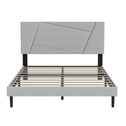 Full Size Upholstered Bed Frame Frame with Headboard，Velvet Gray | Geometric Head Board Platform Bed, Sturdy Wooden Slats, Noiseless No Box Spring Required, Easy to Assemble - color: Light Gray, size: Full