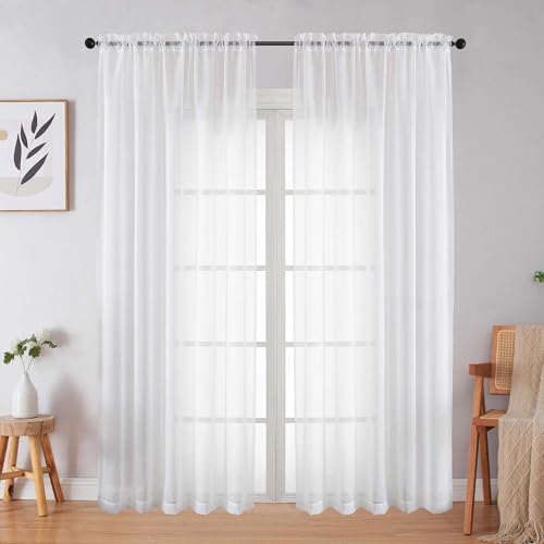 White Sheer Curtains 84 Inches Long 2 Panels Set for Bedroom Living Room, Soft Airy Light Filtering Modern Solid Rod Pocket Drapes Window Treatments, White, Each 59" W x 84" L - color: White, size: 59"W x 84"L (Pack of 2)