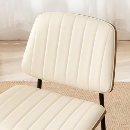 LUNLING Dining Room Chairs Set of 2 Mid Century Modern Retro Beige Faux Leather Chair with Walnut Bentwood Upholstered Seat Metal Legs Kitchen Chairs Adjustable Foot for Kitchen Dining Room - color: Beige, size: Set of 2