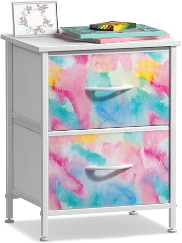 Sorbus Nightstand with 2 Drawers - Kids Bedside Furniture End Table Night Stand - Steel Frame, Wood Top & Easy Pull Fabric Bins - Dresser & Chest for Home, Bedroom Accessories, Office & College Dorm - color: Rainbow Sparkle, style: 2 Drawer