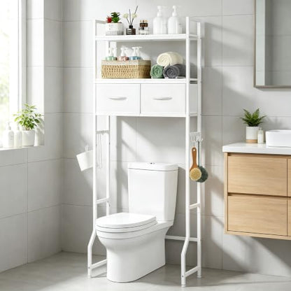 YBING Over The Toilet Storage Cabinet, Over Toilet Bathroom Organizer with Drawer, Roll Holder and Hooks, Bathroom Storage Cabinet, Wooden, White - color: Whtie