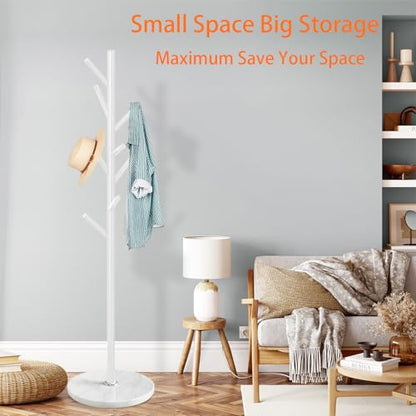 ZOZOE Coat Rack Stand with Marble Base,White Metal Coat Rack Freestanding | Coat Rack with 8 Hooks, Heavy Duty Modern Coat Stand,Clothes Tree Hanger Stand for Bags Hats in Hallway Entryway - color: White