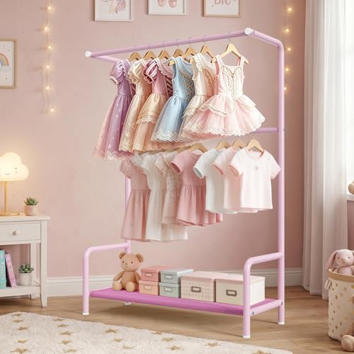 Kids Clothing Rack Double Rods for Bedroom Playroom Pink | Double Rod Design, Powder Coated Steel, Bottom Storage Shelf, for Baby Toddler Clothes, Dress Up, Nursery, Bedroom, Playroom - color: Pink