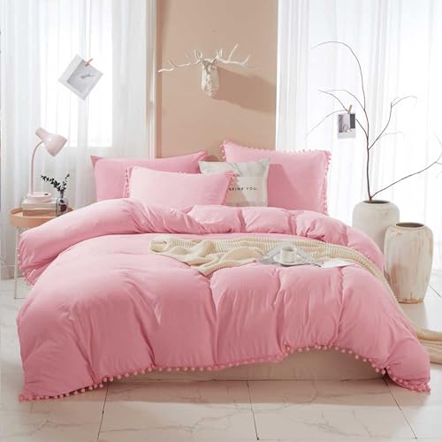 ETDIFFE Pink Boho Duvet Cover Set Queen Size, 3 Piece, 90x90 Inch | Bohemian Pompom Microfiber Bed Comforter Cover Set, Farmhouse Soft & Lightweight Bedding Quilt Cover - color: Pink, size: Queen (No Comforter)