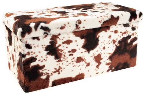 Luxe Faux Fur Storage Ottoman, Cowhide Brown/White, 30 x 15 x 15 in | Engineered Wood, Tool-Free Assembly, Modern Style, Seat And Footrest - color: Cowhide Brown/White, size: 30"D x 15"W x 15"H