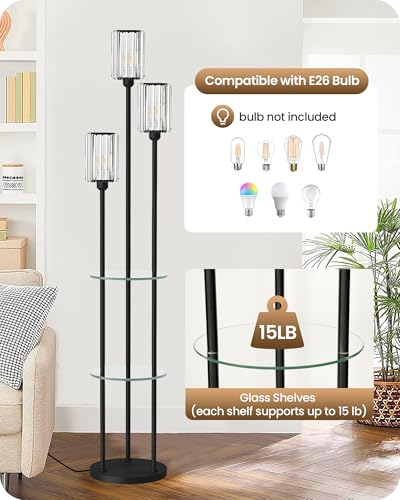Black Floor Lamp with Shelves, Modern Floor Lamp with 3 Crystal Shades and Foot Switch, 3-Light Standing Lamp, for Living Room, Bedroom, Study, Office, Black B53LD05 - color: Black + Crystal Glass